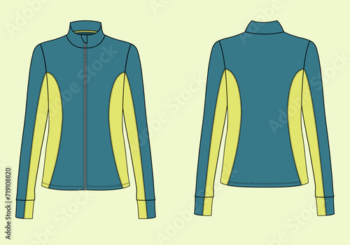 Ladies Activewear Funnel Neck Jacket for Gym and Sports, running high neck sweat Vector Flat Sketch