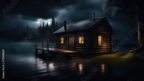 Wooden house and pond, old cabin on the lake in the dark night