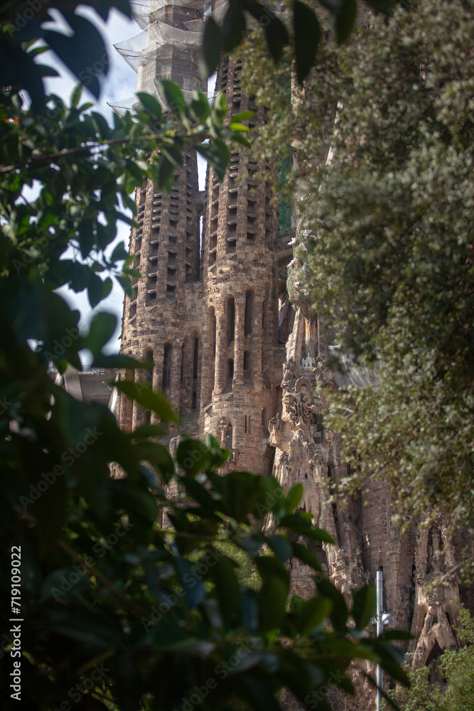 Obraz premium Barcelona, Sagrada Família, frescoes, sculptures, facade, ornament, spiers, towers, temple, church, religion, art, Antonio Gaudi