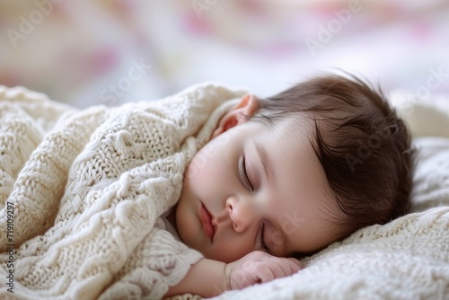 A peaceful slumber captured in a bundle of soft fabric, a tiny human face rests in comfort, as the newborn dreams in their cozy bed