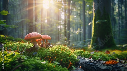 Vibrant red mushrooms thriving on a mossy log in a sunbeam-drenched forest, showcasing the beauty of fungi in nature. photo