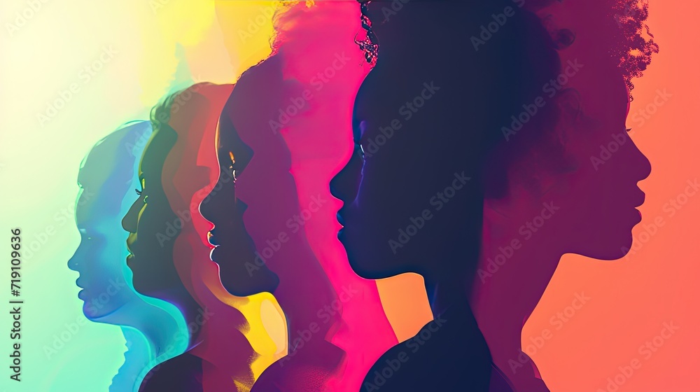 A gradient of vibrant silhouettes showcasing a sequence of female profiles, celebrating diversity and femininity in a modern art style.