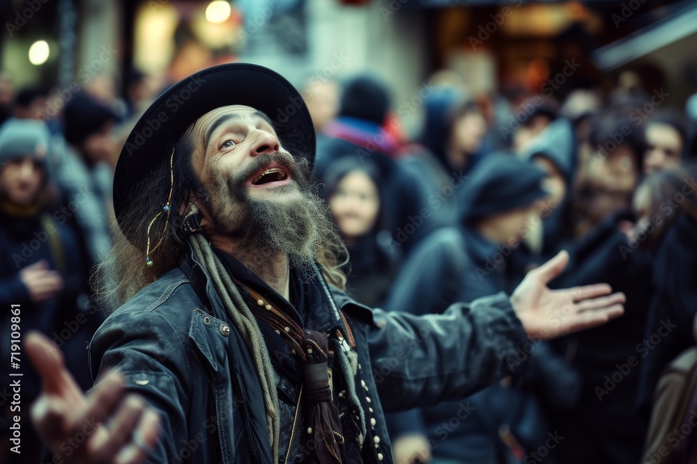 In the midst of a bustling street, a man stands with open arms, his rugged face adorned with a beard and mustache, dressed in a jacket, a human among the crowd