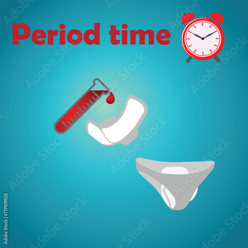 Menstrual cycle concept, woman hygiene products, clock and the text period time