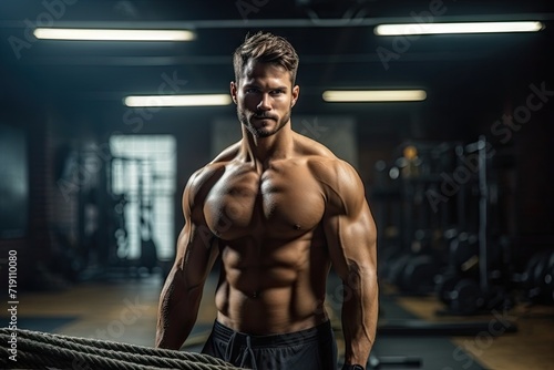 Muscular man posing confidently in a gym with workout equipment in the background.