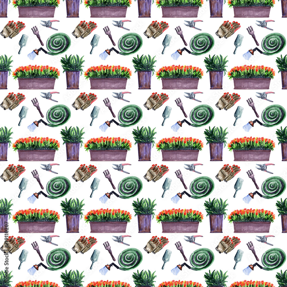 Watercolor seamless pattern with garden plants and tools Watercolor seamless pattern with garden plants and tools