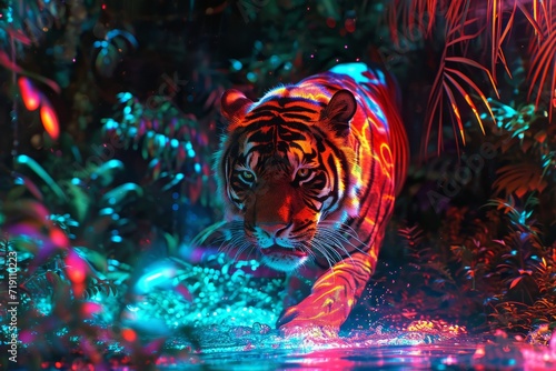 A majestic bengal tiger gracefully traverses through the tranquil waters, its powerful presence and innate grace captivating all who lay eyes upon it