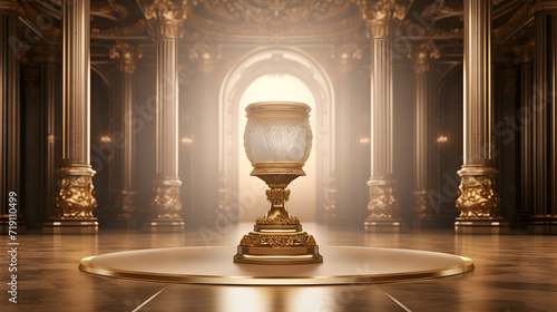 Golden chalice of wine on blurred sunlight curch background,, Golden chalice on the altar during the mass in church