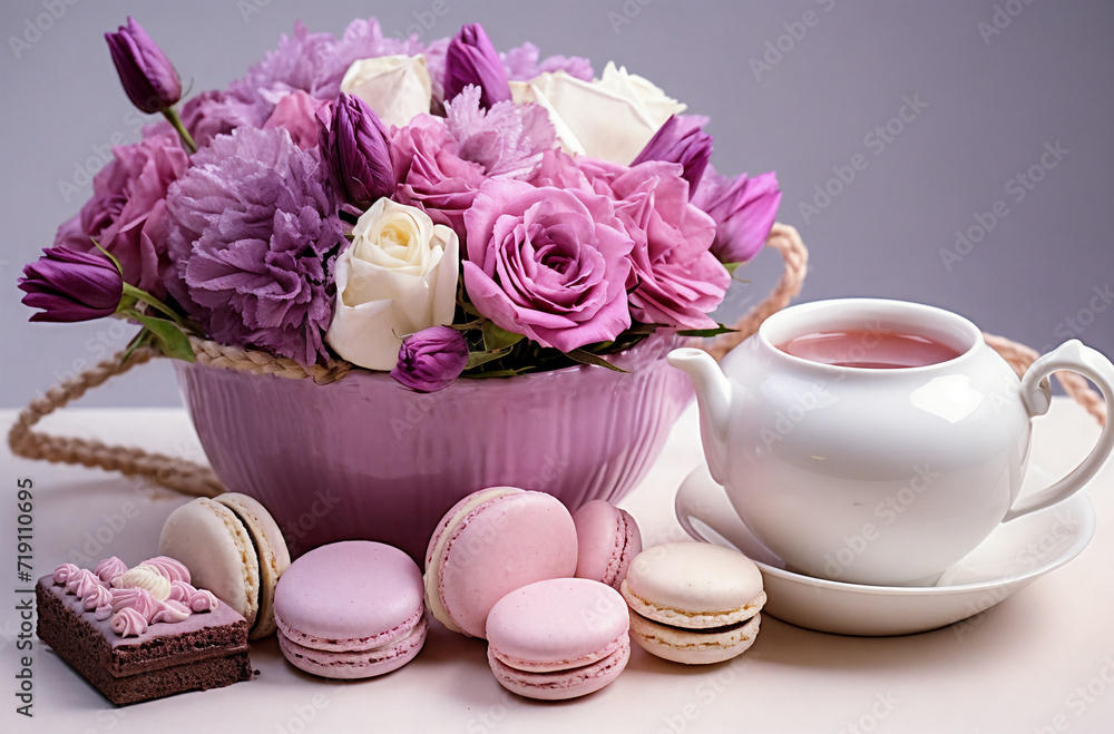 a cup of tea, a teapot, cookies and flowers on a table with a teapot and cookies, generative ai a cup of tea, a teapot, cookies and flowers on a table with a teapot and cookies, generative ai