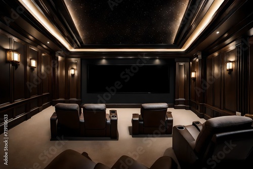 A sophisticated home theater with plush reclining seats, state-of-the-art sound system, and a large screen. The theater is designed with acoustic wall panels and dimmable lighting. © ZQ Art Gallery 