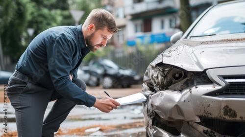 Insurance agent examining damaged car parked on street after accident