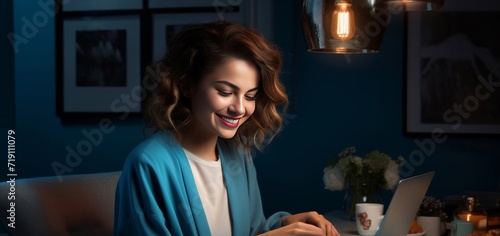 A smiling girl works comfortably from home, enjoying a relaxed mood with her trusty notebook computer. It is Radiating positivity. Generative AI.