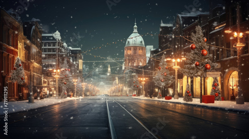 Chritsmas nighttime city streets aglow