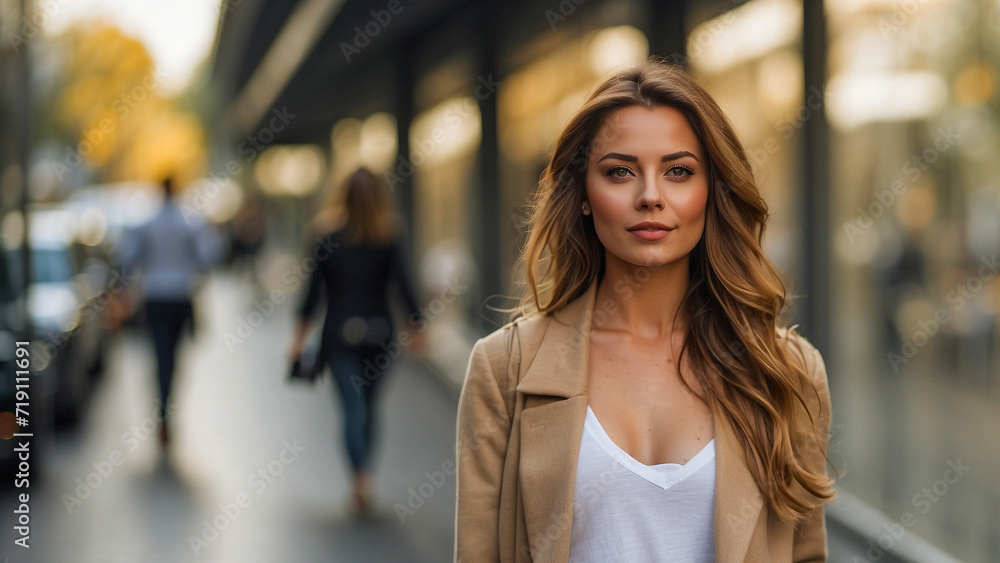portrait of a young woman walking in the street
