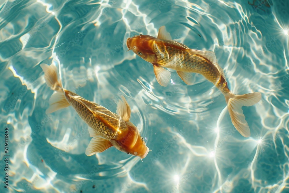Two colorful fish glide gracefully through the crystal clear water, showcasing the beauty and diversity of marine life in their unique fins and representing the delicate balance of ecosystems in whic Two colorful fish glide gracefully through the crystal clear water, showcasing the beauty and diversity of marine life in their unique fins and representing the delicate balance of ecosystems in whic