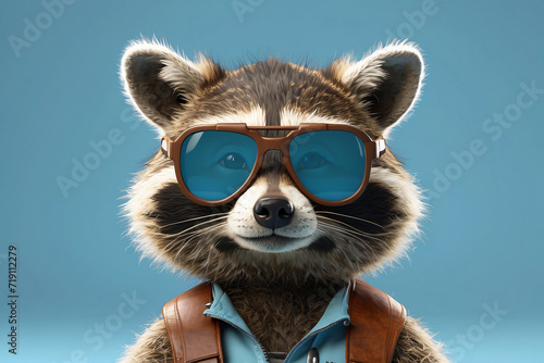 raccoon wearing blue glasses on a blue background