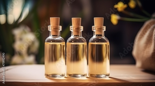 Bottles on the background of the spa room. Skin care serum or natural cosmetics with essential oil. face and body beauty concept. Spa concept. Place for text.