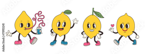 Groovy lemon set. Hand draw Funny Retro vintage trendy style apple cartoon character. Doodle Comic collection
