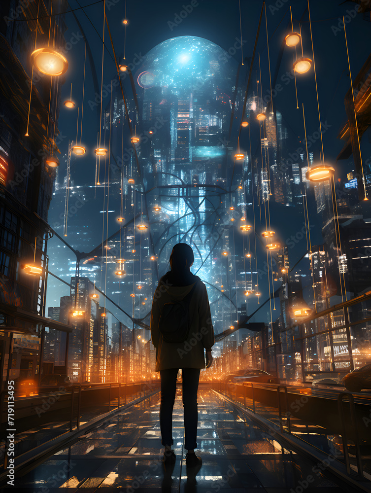 a lone figure stands on a bridge amidst the dazzling lights of a night city