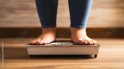 close-up of feet resting on a bathroom scale checking body weight, on out-of-focus background of wooden surface 