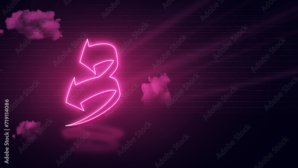 modern left icon with pink neon effect and empty space for copy or message, dark wall  backdrop with clouds