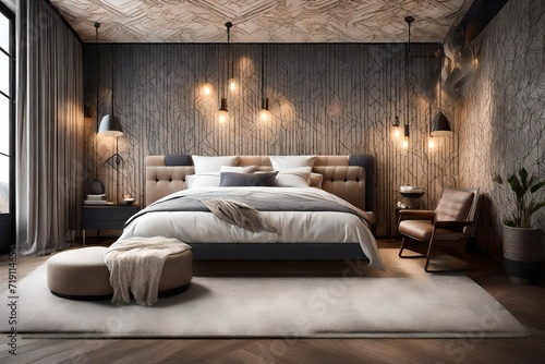 A stylish bedroom with a statement wallpaper, a comfortable bed, and a cozy seating area. The room is accessorized with unique lighting fixtures and textured textiles. photo