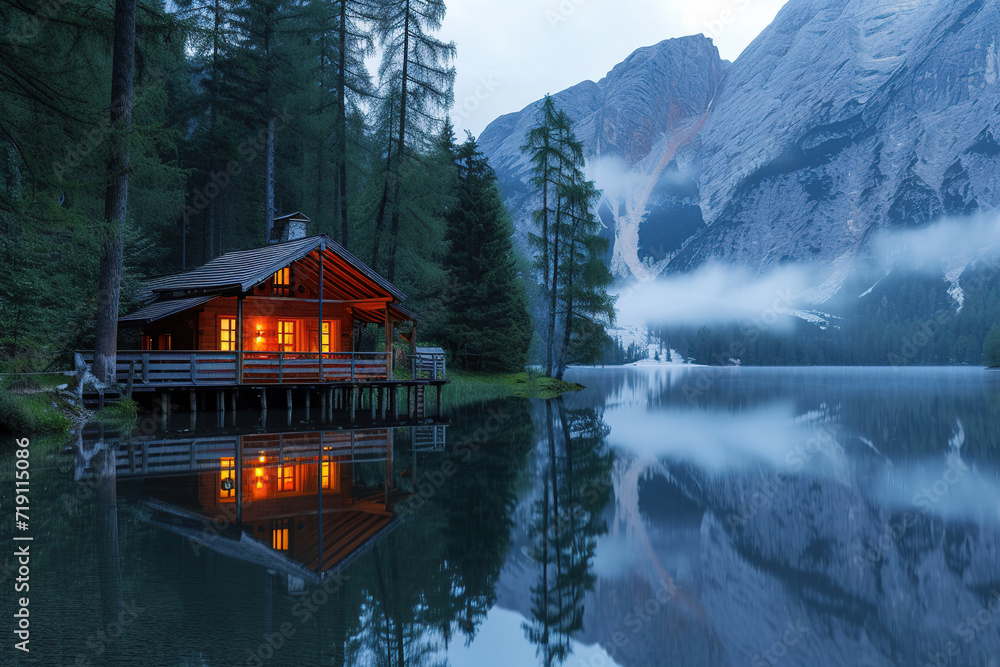 Fototapeta premium Illuminated Wooden house in the forest on a calm reflecting lake with the foggy mountains in the background at dusk