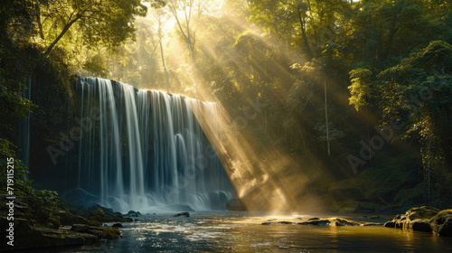 Beautiful waterfall in dense forest with sunlight filtering through the trees © boxstock production