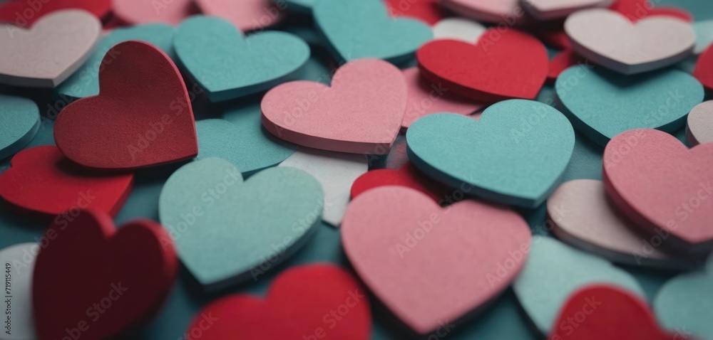 Painted wooden hearts lying on top of each other Painted wooden hearts lying on top of each other