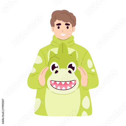 Man in a green dinosaur or dragon costume on a white background.