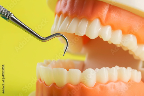dental instrument on a yellow background near a dental jaw mockup. The concept of disease and dental treatment in dentistry. Periodontitis and gingivitis of the oral cavity. 
