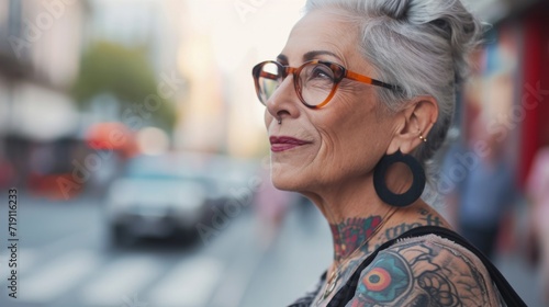 Middle age mature woman with tattoos standing over street background copy space, presenting advertisement smiling excited happy photo
