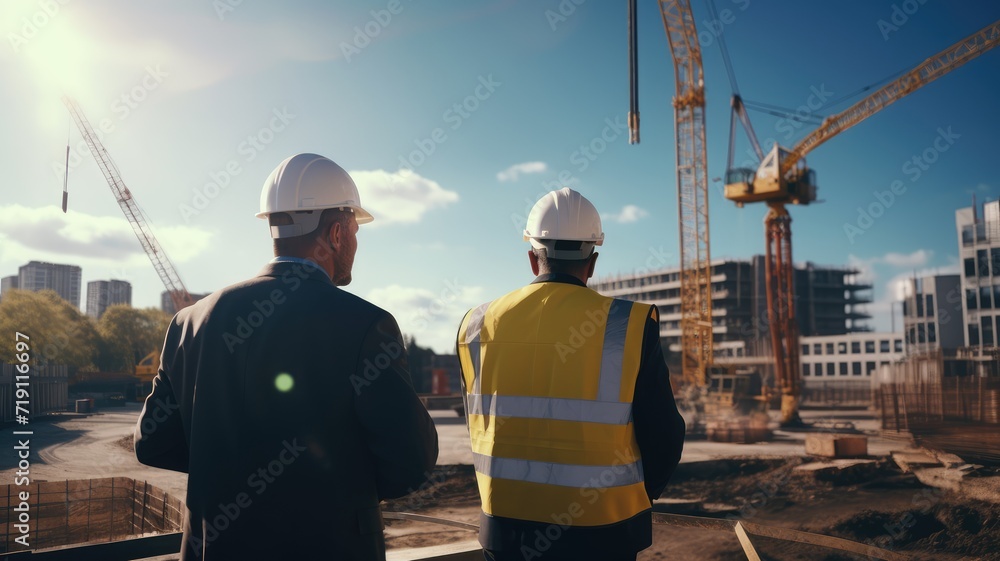 onstruction manager talking about architectural plan at construction site onstruction manager talking about architectural plan at construction site