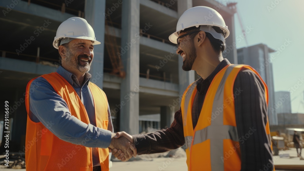 onstruction manager talking about architectural plan at construction site onstruction manager talking about architectural plan at construction site