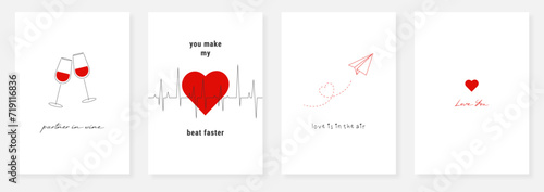 Minimalistic valentine cards, posters with paper plane, wine glasses, heart in flat style. Simple black and white cards with red accent for February 14