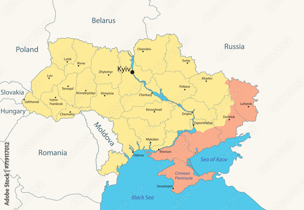 Ukraine, administrative map with occupied territories by Russia, as of January 2024. Vector illustration - obrazy, fototapety, plakaty 