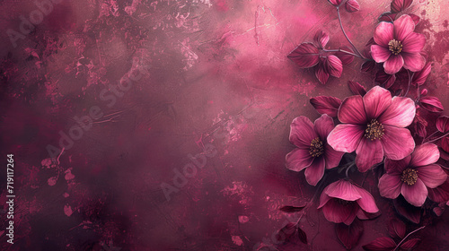 Shabby chic burgundy background with vintage minimalistic abstract flowers and copy space, abstract velvet red vintage wallpaper, minimalistic retro backdrop #719117264