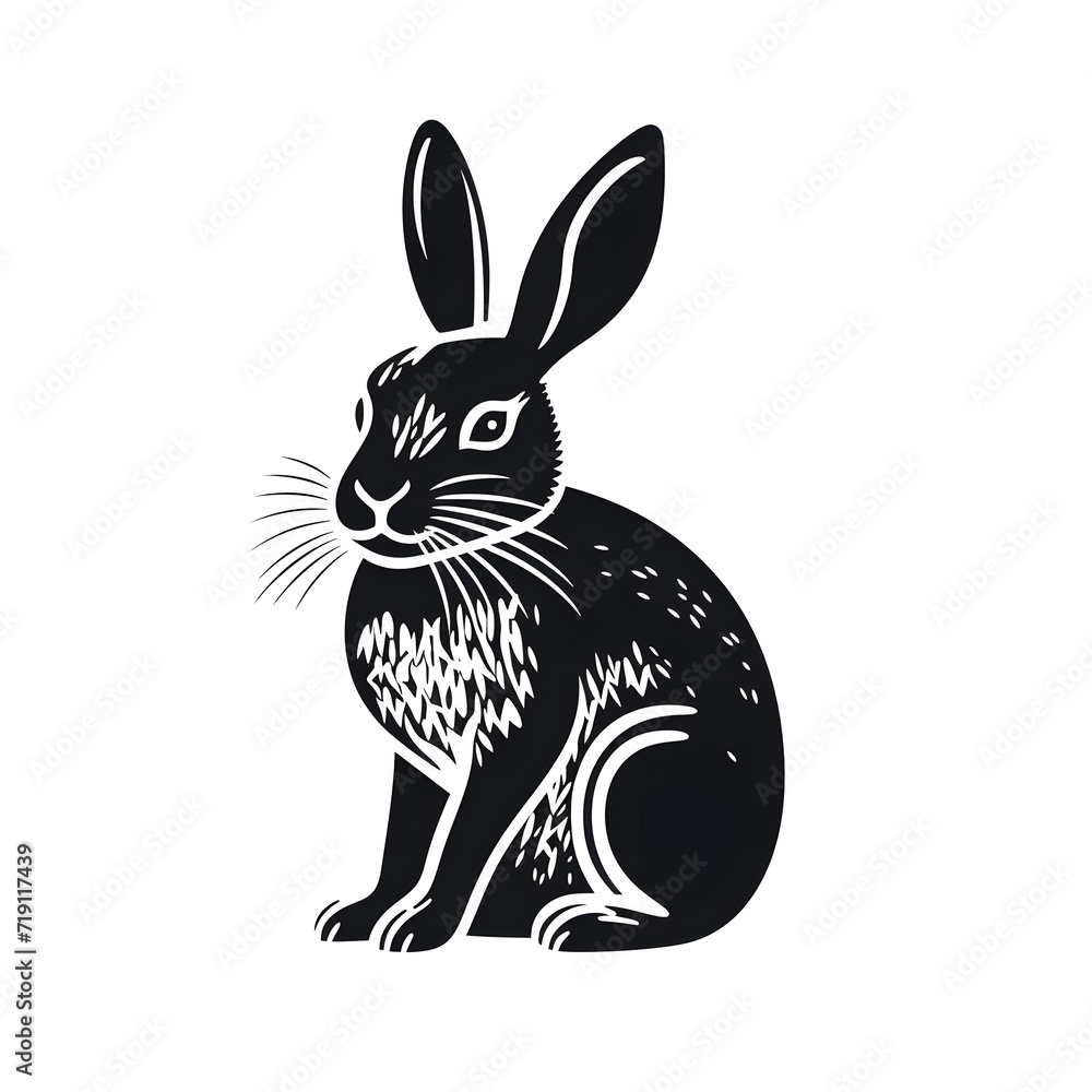 Obraz premium Cartoon bunny in a minimal linocut style , black and white, isolated on white background