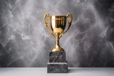 champion golden trophy placed on table, copy space ready for your design win concept