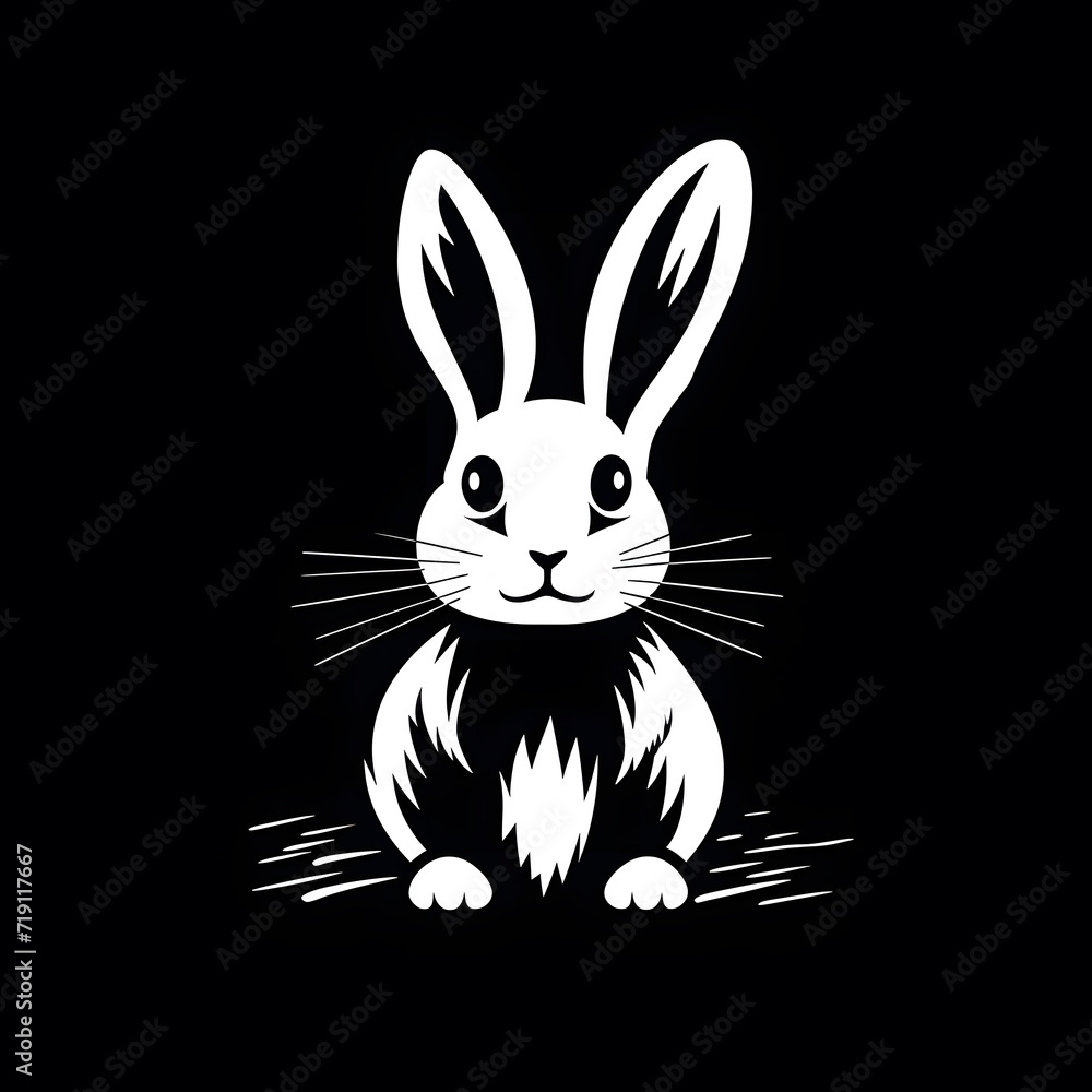 Fototapeta premium Cartoon bunny in a minimal linocut style , black and white, isolated on white background