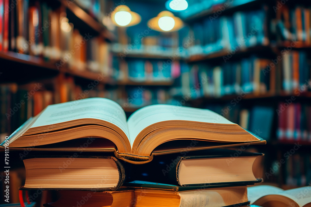 open book lying on a stack of books in a library open book lying on a stack of books in a library