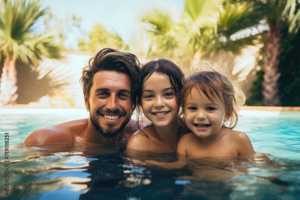 Portrait of a young family swimming in pool