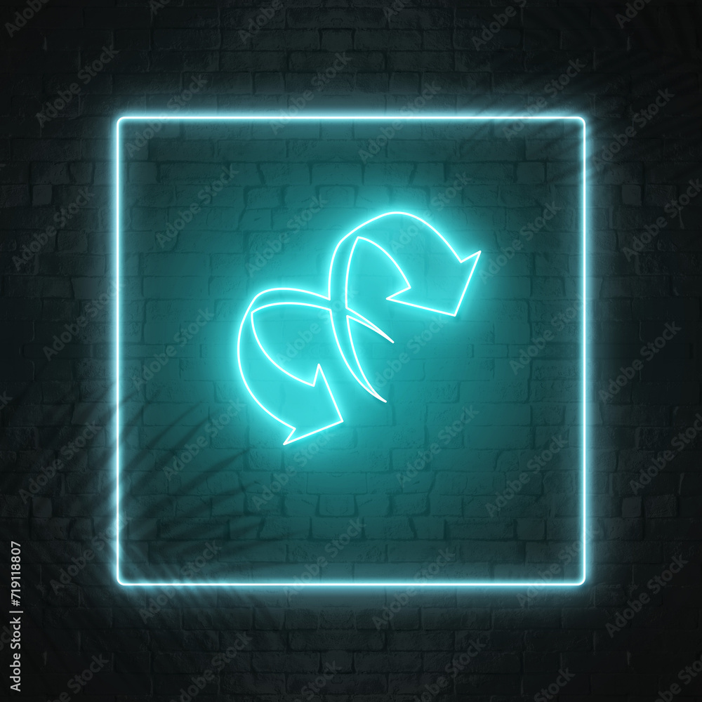 modern two arrow icon with cyan neon effect, frame, leave shadow and dark wall  backdrop