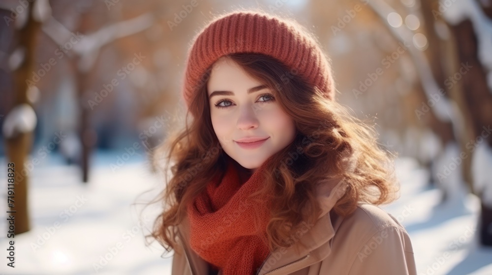 Portrait of happy woman posing looking at camera in winter in the street Portrait of happy woman posing looking at camera in winter in the street