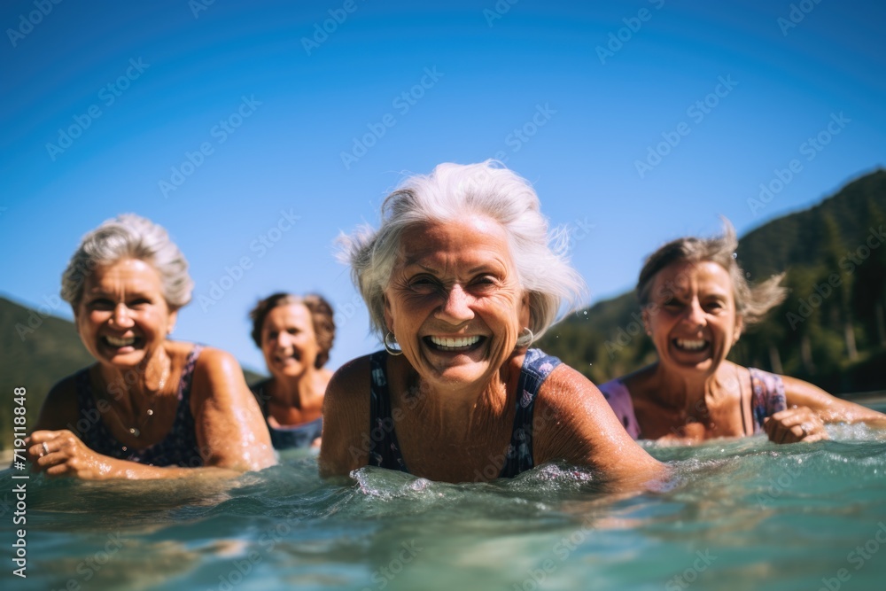 Portrait of diverse senior women swimming in a lake