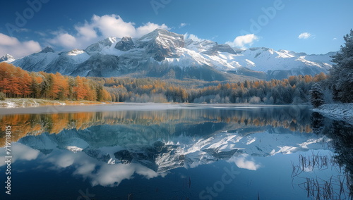 Hyper Realistic painting of Lake and mountains reflection in water  Stunning winter landscape  A serene mountain lake mirroring the snow-capped peaks.  Stunning photo. Generated AI.