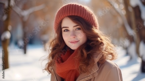 Portrait of happy woman posing looking at camera in winter in the street