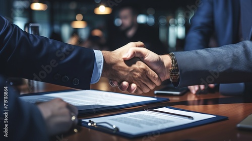Close up of business people negotiating a contract and shaking hands in agreement during a meeting