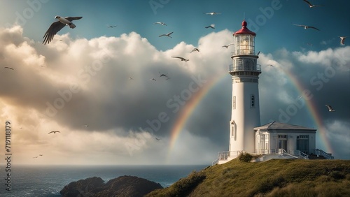lighthouse in the night A fantasy Cape Egmont lighthouse in a sky city  with clouds  rainbows  and birds.  
