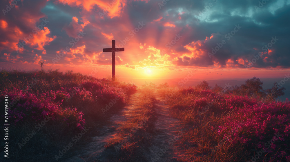 Cross on the hill with sunset Cross on the hill with sunset